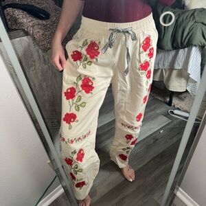 Othr Cream Wide-Leg Pants with Red Floral Embroidery